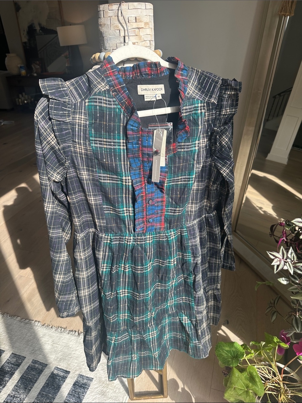 Anthropologie Navy & Green Plaid Ruffle Dress